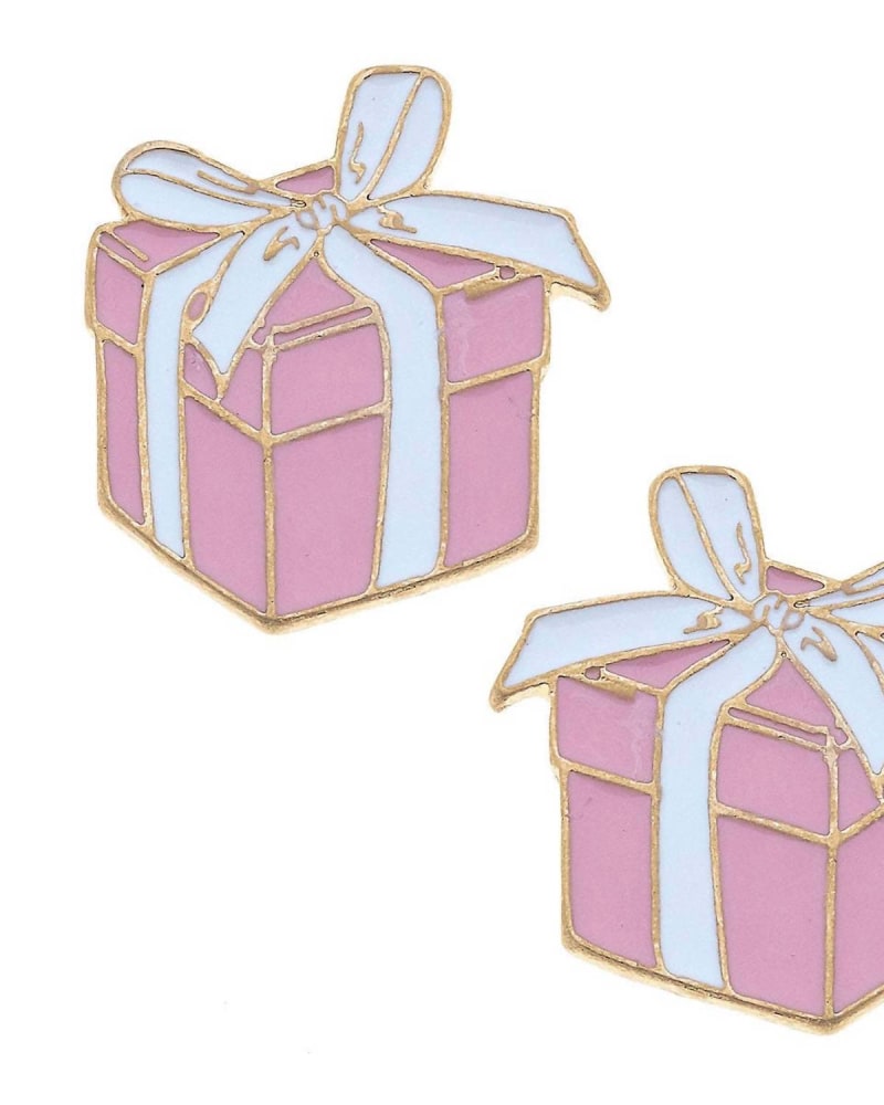 Front of a size O/S Women'S Millie Enamel Present Stud Earrings in Pink/White in Pink/White by CANVAS Style. | dia_product_style_image_id:331065